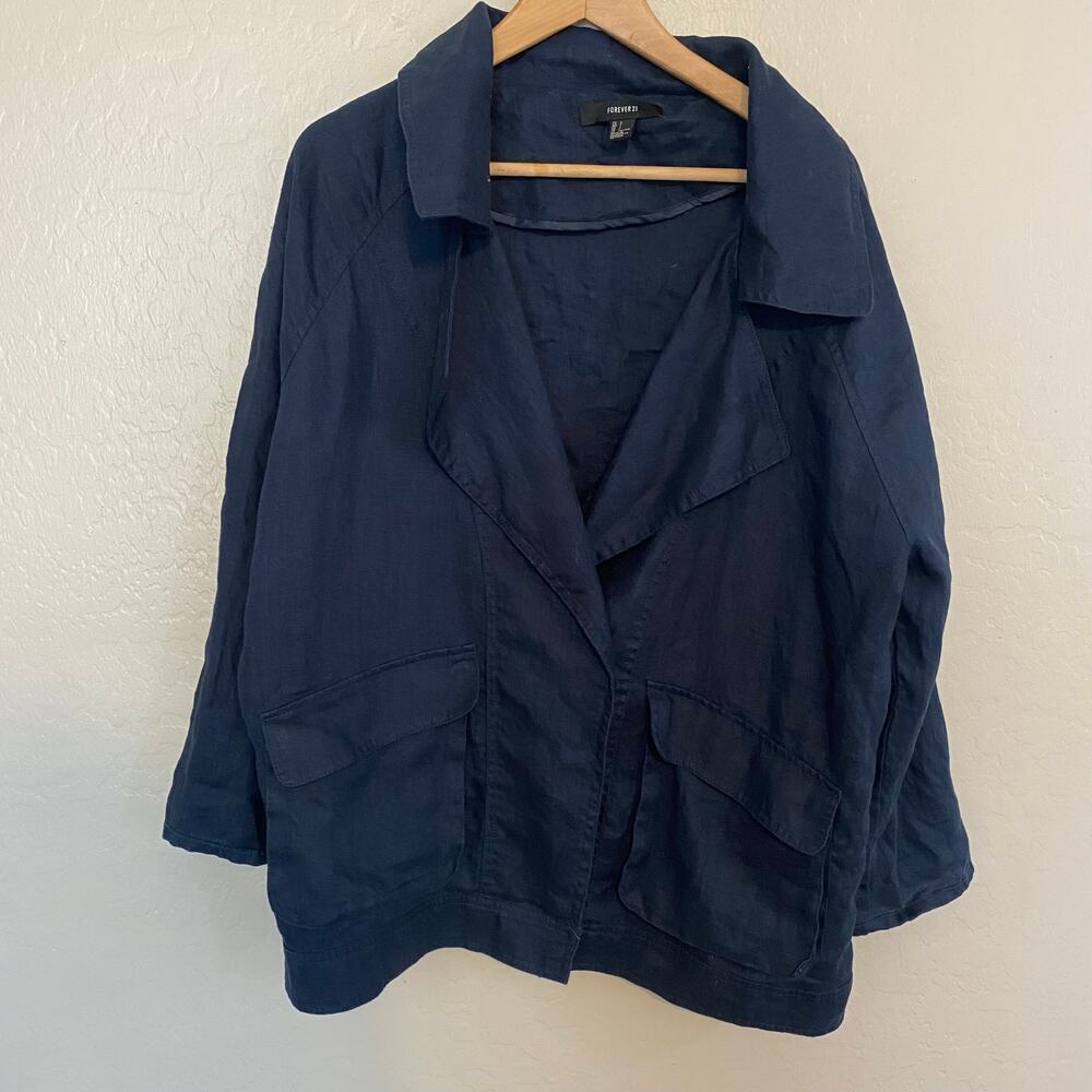 100% Linen Blazer Jacket Womens Sz Large XL Navy Blue Coastal Lagenlook Chic